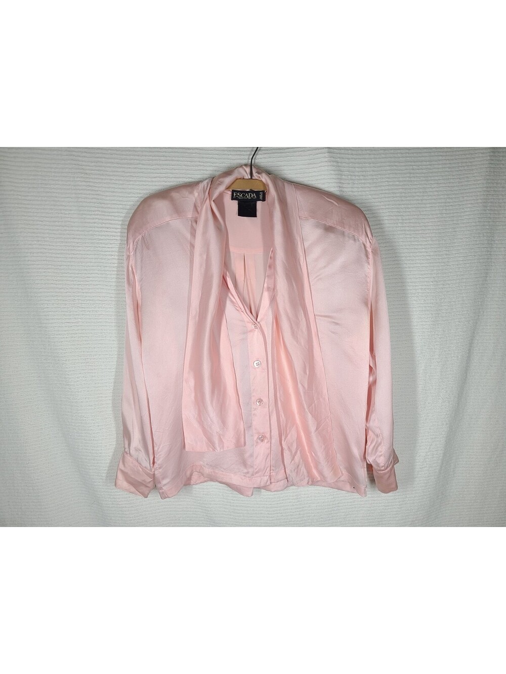 Vtg 90s Escada Pink 100% Silk Satin Shirt Button Up Scarf Collar Half Sleeve